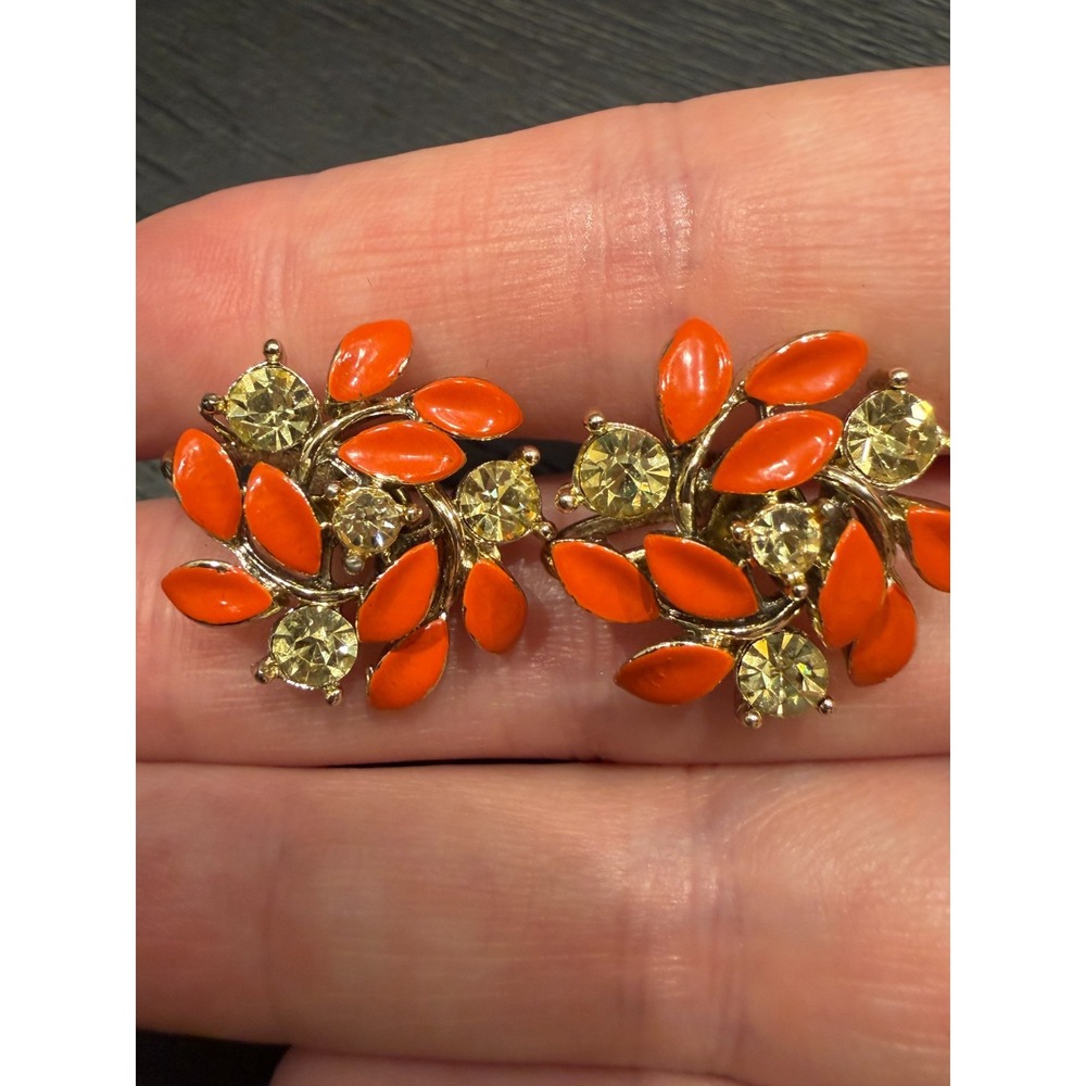 Vintage Signed Lisner Bracelet Clip Earrings Set Orange Enamel Gold Tone Crystal